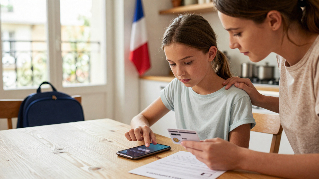 Mother supports daughter using smartphone and credit card at kitchen table with French flag in background.