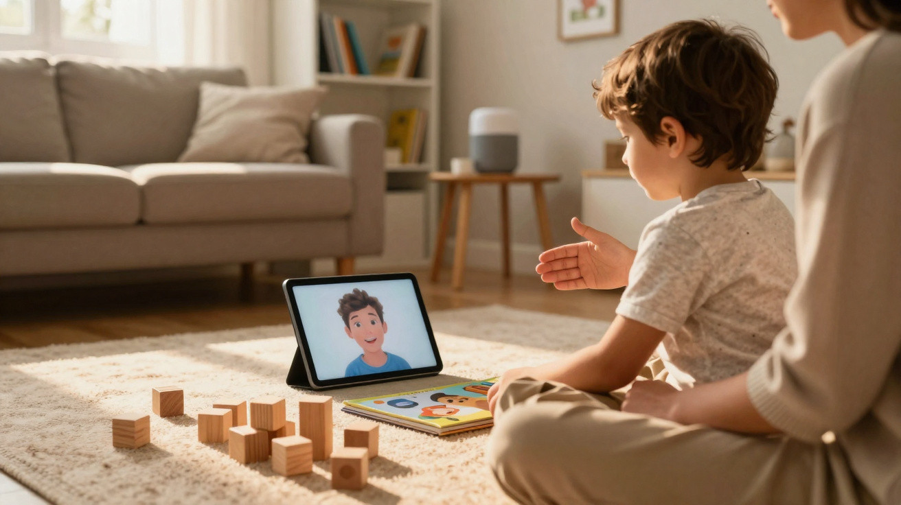 Child and adult sitting on carpet video calling a person on tablet with wooden blocks and book nearby.