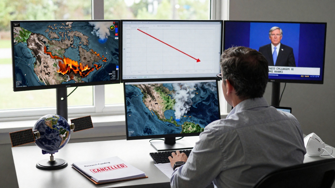 Man at desk with four monitors showing wildfire maps, a descending graph, and a news anchor, with "Cancelled" papers nearby.