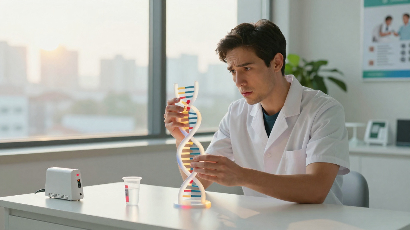 Scientist in lab coat examining a DNA model at a bright laboratory table near a large window.