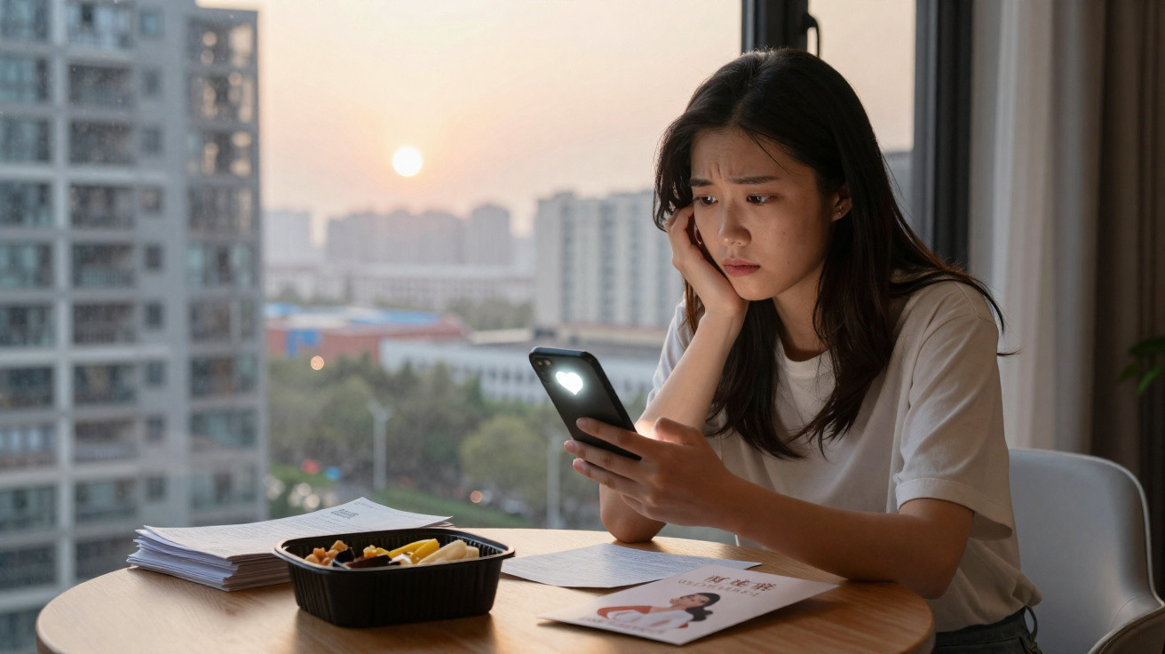 Young woman looking worriedly at phone while sitting at table with food, papers and sunset city view in background