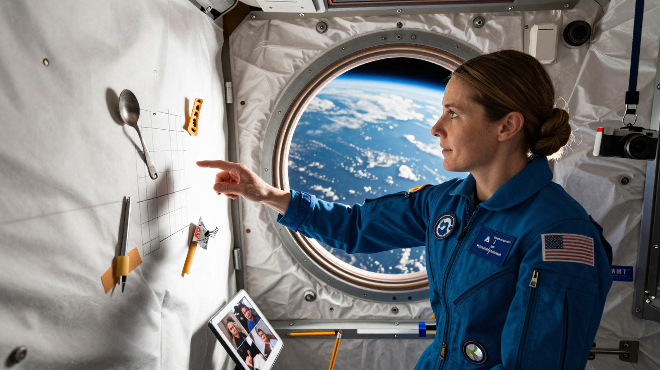 Astronaut playing tic-tac-toe with floating spoon and pencil in front of a space station window showing Earth.