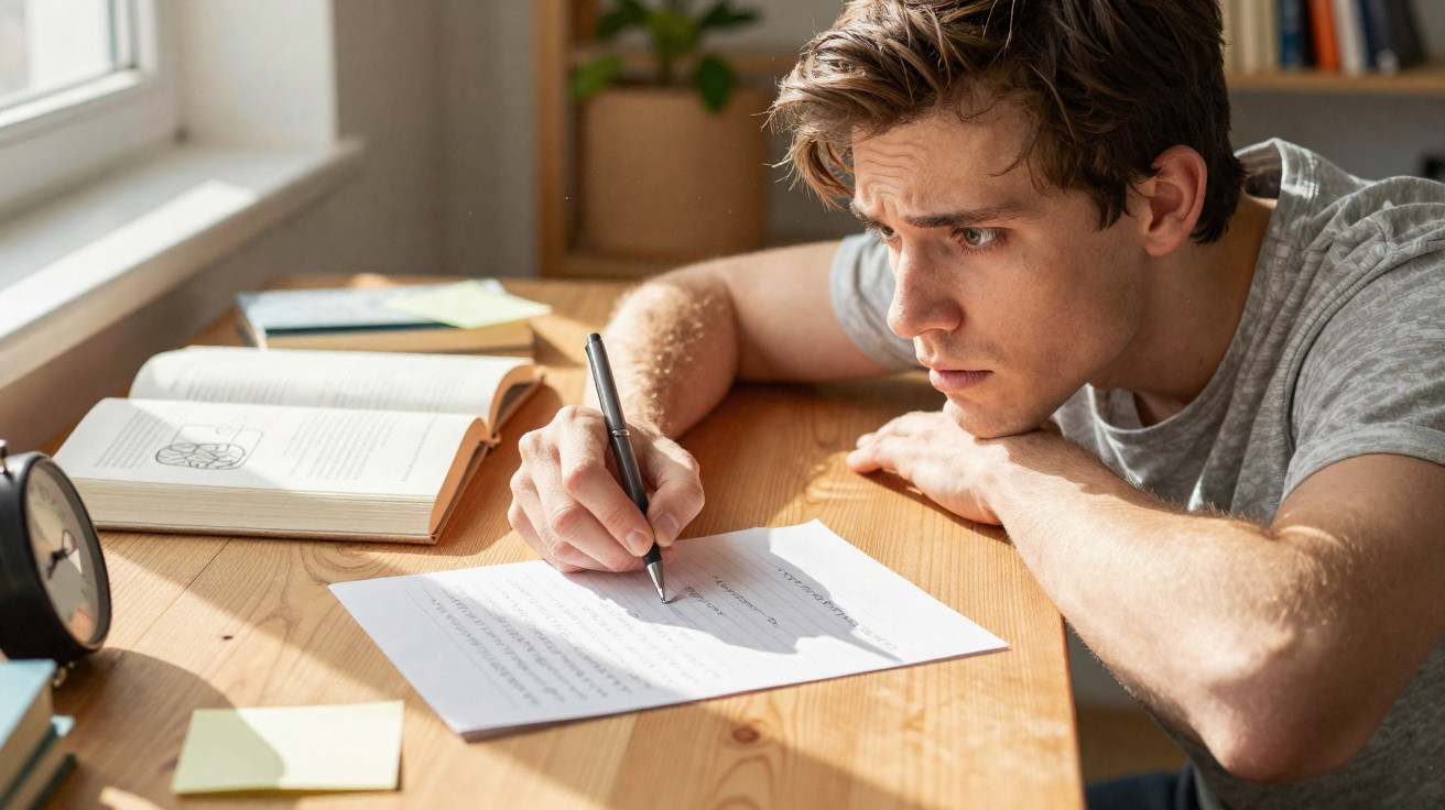 Young man concentrating while writing on paper at a wooden desk with books and a clock nearby