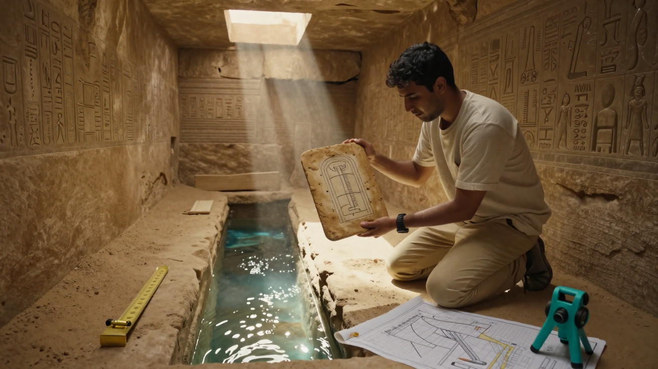 Man kneeling inside an ancient tomb, examining a stone tablet with hieroglyphics beside a narrow water-filled trench.