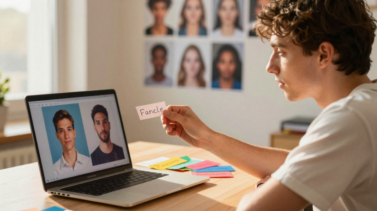 Young man holds labelled card while viewing two male portraits on a laptop in a bright room with photo wall.