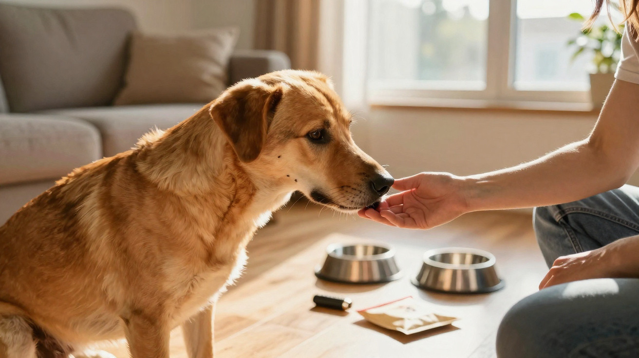 Golden retriever dog sniffing a hand inside a sunlit living room with pet bowls nearby.