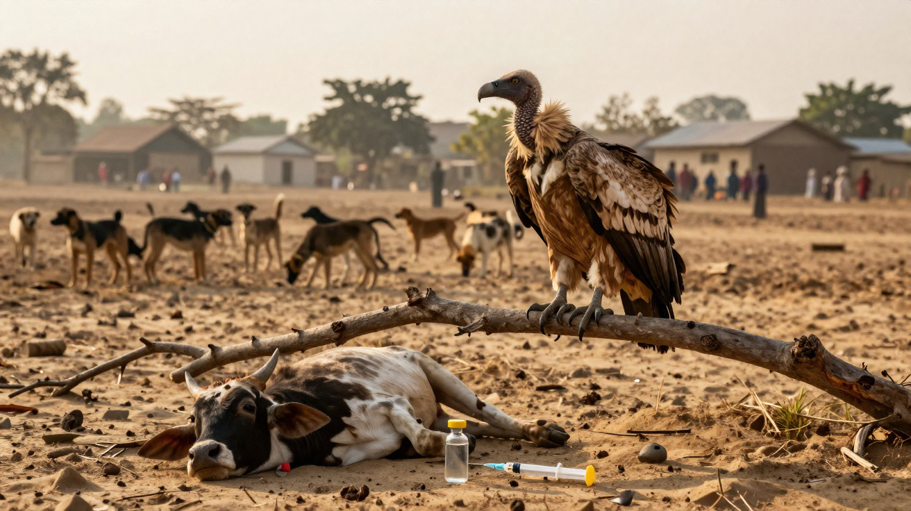 Vulture perched on a branch above a lying cow with medical syringe and vial on dry ground in a rural area.