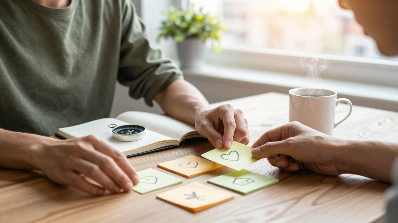 Two people exchanging sticky notes with heart drawings while sitting at a wooden table with a notebook and coffee.