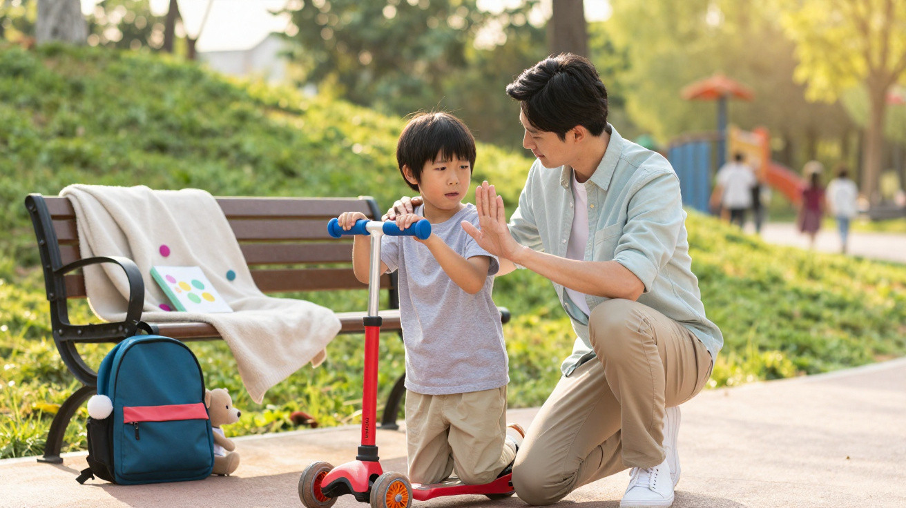 Father kneeling to give high five to son on scooter in sunny park with bench and backpack nearby