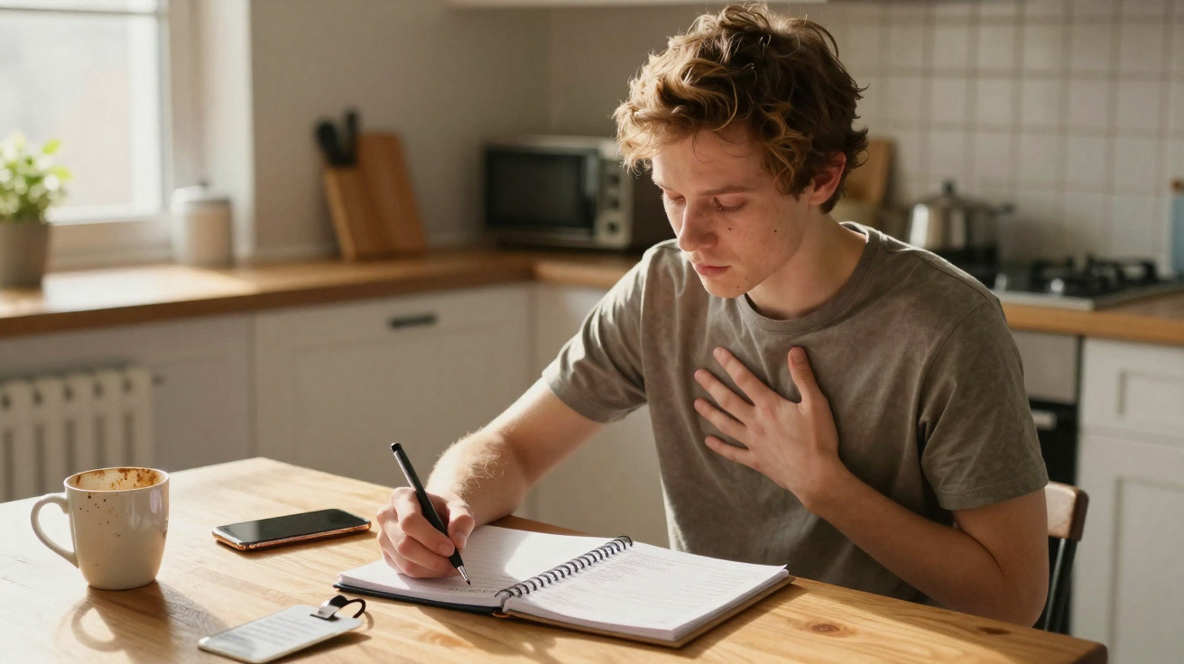 Young man writing in a notebook while sitting at a kitchen table with a mug and smartphone nearby.