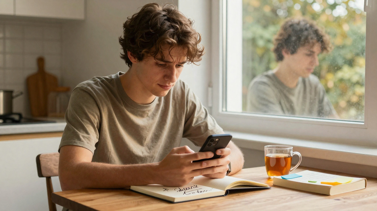 Young man sitting at a table texting on his phone with an open notebook and a cup of tea beside him.