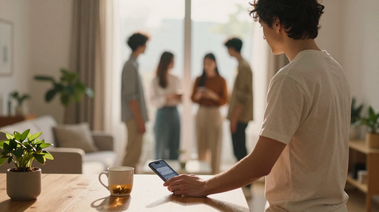 Person in white t-shirt using a smartphone at a table with a tea cup, while a group talks in the background.