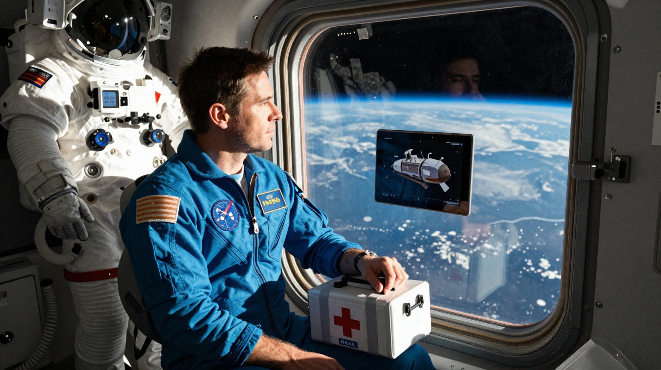 Astronaut in blue uniform holding a medical kit, looking out a spacecraft window at Earth with a spacesuit behind.