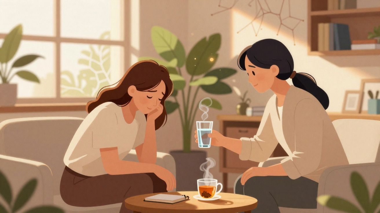 Two women sitting in a cozy room, one offering a glass of water to the other who looks distressed.