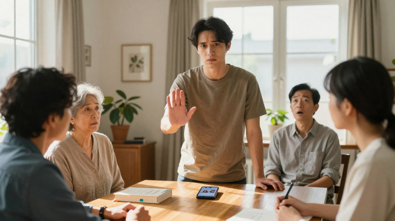 Young man standing with hand raised, addressing four seated people in a bright room during a discussion.