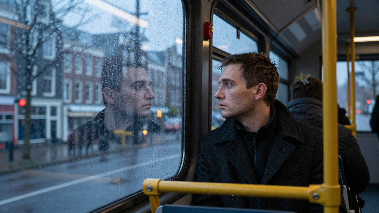 Man in dark coat looking out rainy bus window with reflection of his face on the glass.