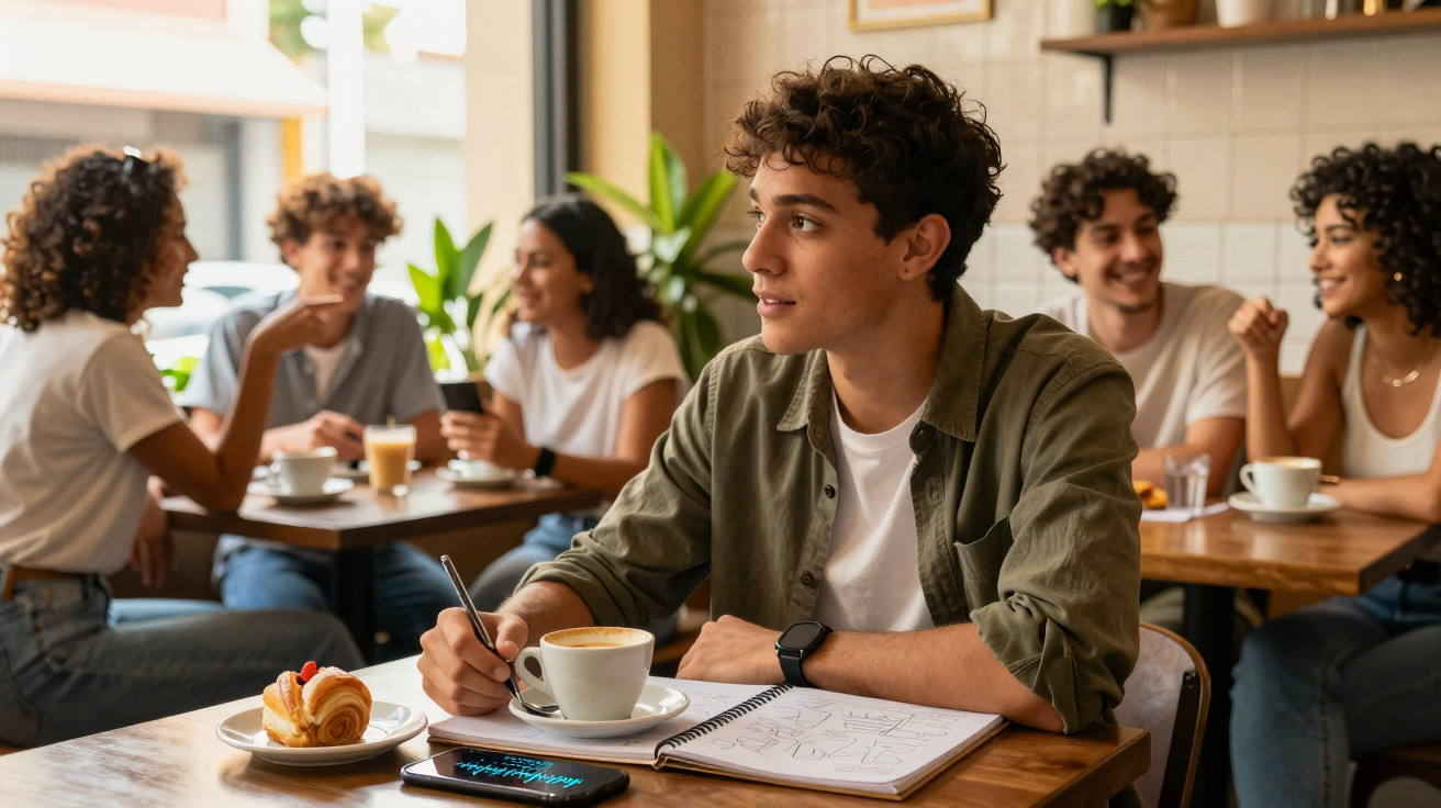 Young man sitting alone in a café with a coffee, notebook, and pastry, looking thoughtful while others chat nearby.
