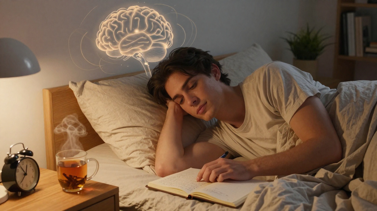 Young man lying in bed writing in a notebook with a glowing brain illustration above his head.
