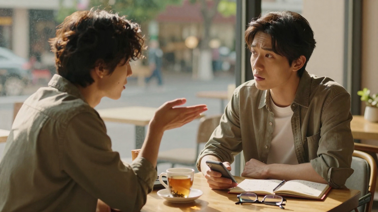 Two young men having a serious conversation at a café table with tea, a notebook, and glasses.
