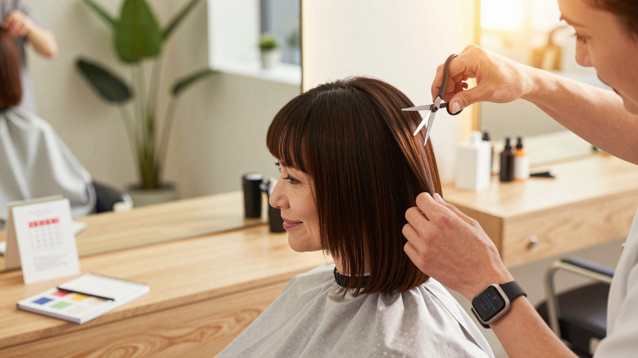 Woman with bob haircut smiling while getting her hair cut at a salon by a hairdresser.