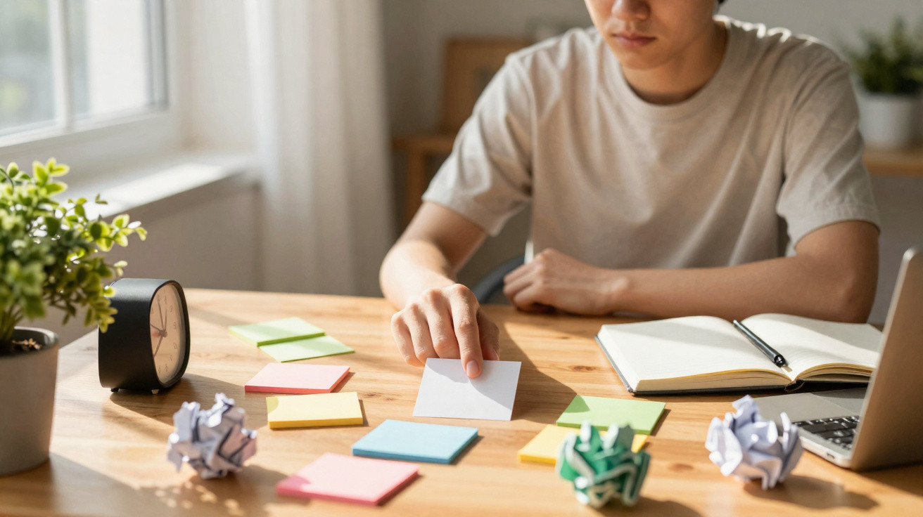 Person organising colourful sticky notes on a wooden desk with a clock, notebook, laptop, and plants nearby.