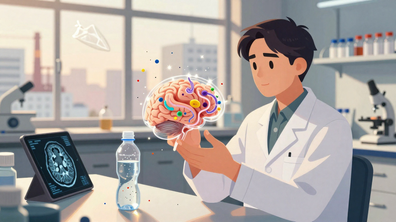Scientist in a lab coat studying a 3D holographic brain model with brain scan images on a tablet in a laboratory.