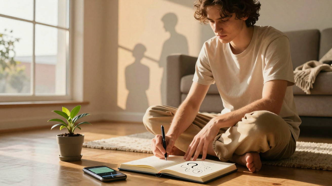 Young man sitting cross-legged on floor writing in notebook with question marks, potted plant and phone nearby.