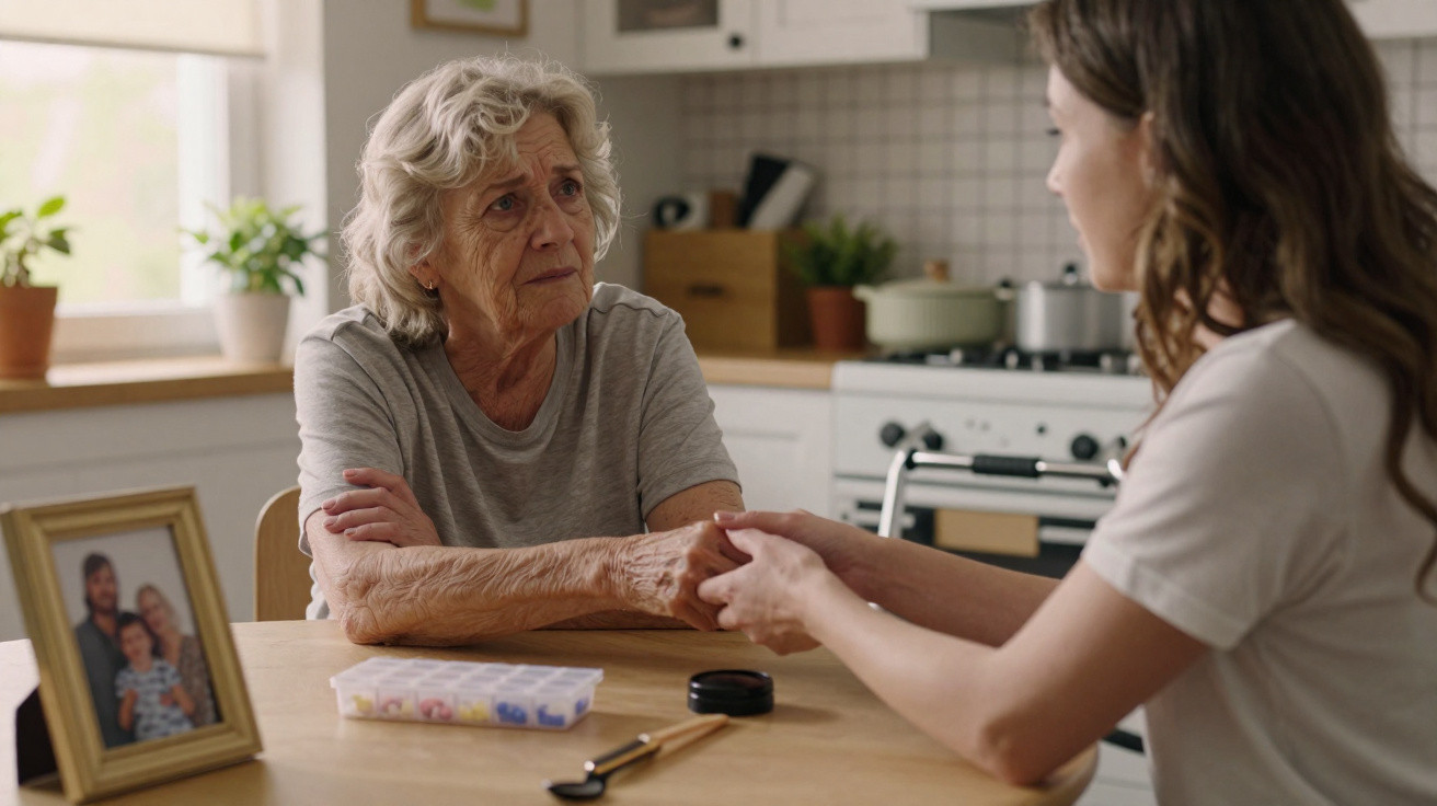 Older woman holding hands with a younger woman at a kitchen table with medication and a family photo nearby.