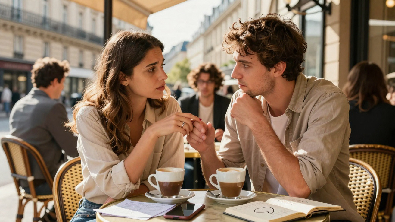 Couple holding hands and having a serious conversation at an outdoor café table with coffee cups.