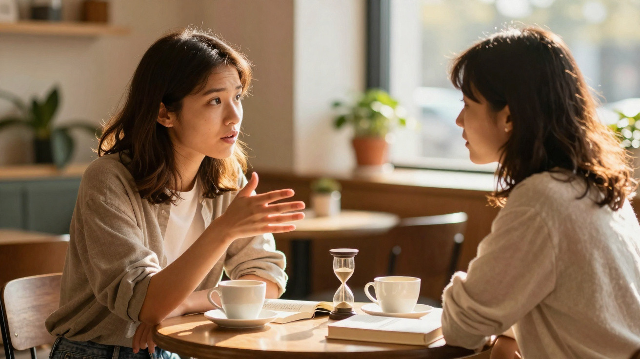Two women engaged in a serious conversation over coffee at a sunlit café table with a sand timer and books.
