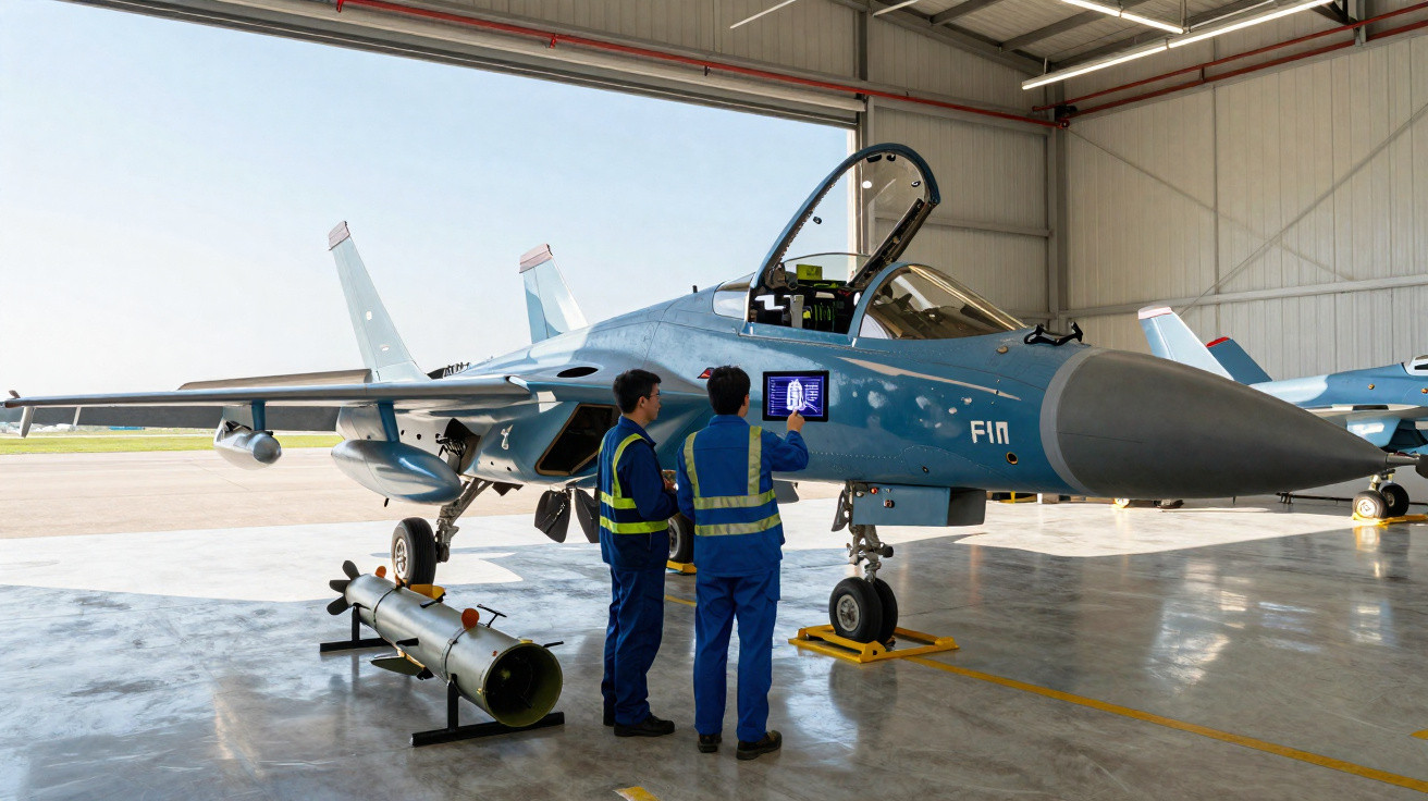 Two technicians in high-visibility vests inspecting a fighter jet inside a hangar with a mounted missile.