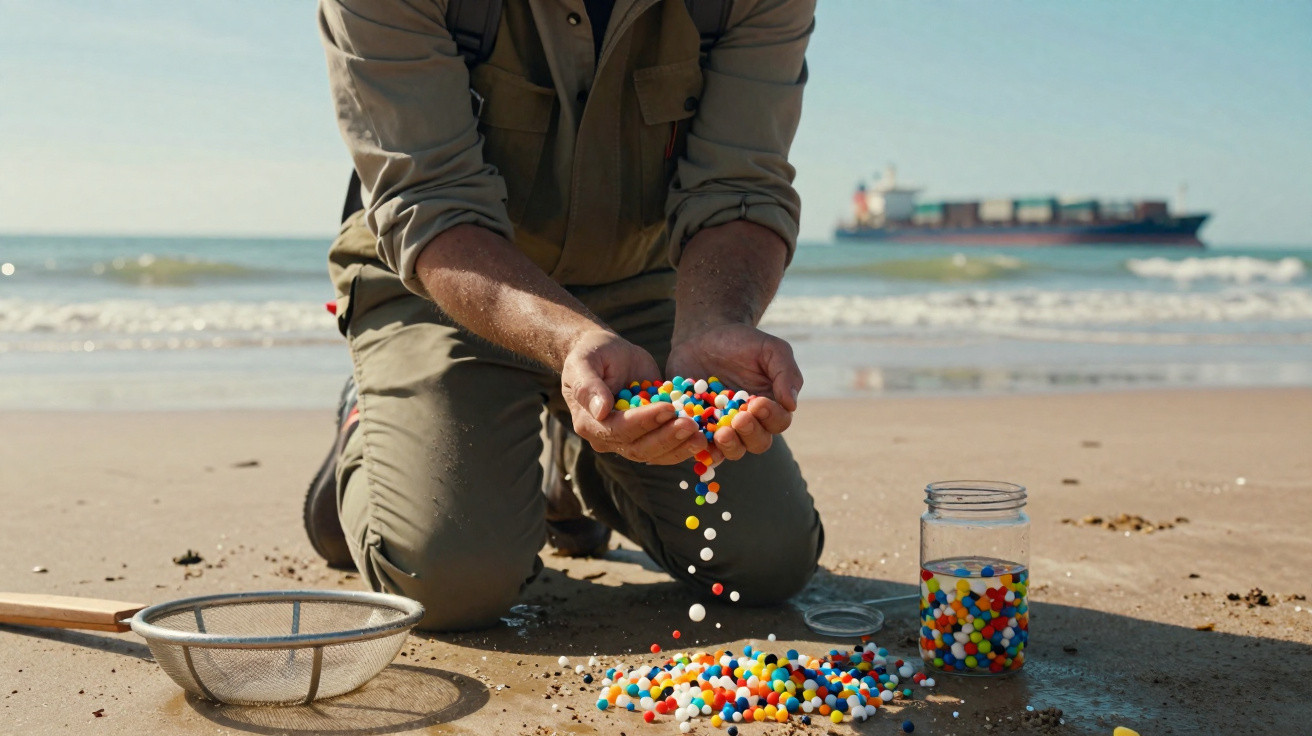 Person kneeling on beach sorting colourful plastic pellets with a sieve, container, and cargo ship in the background.