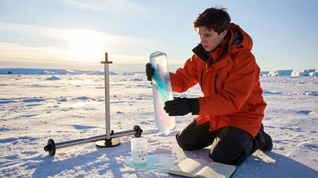 Person in orange jacket examining an ice core sample on a snowy landscape with scientific equipment nearby.