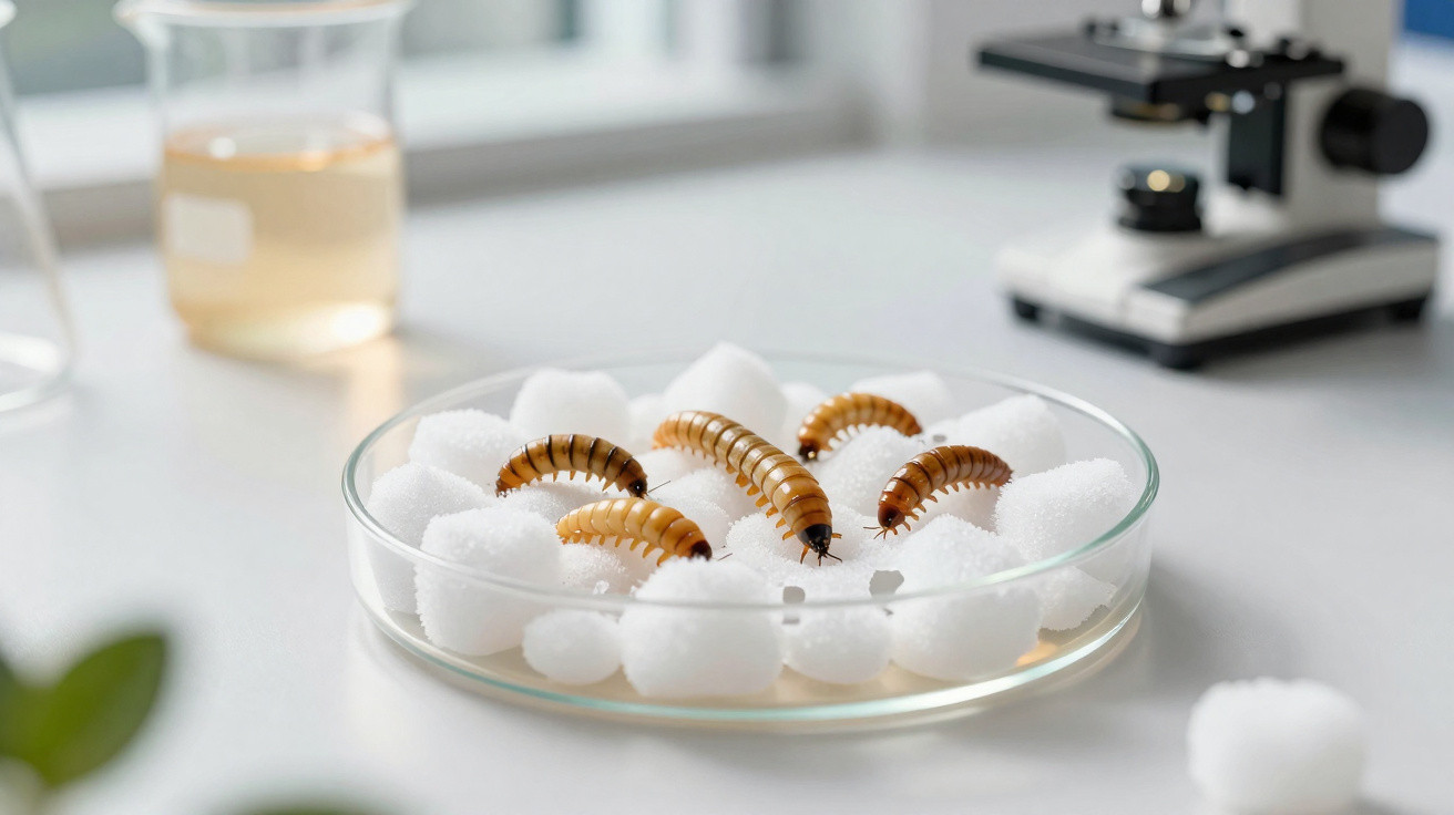 Mealworms on white foam balls inside a clear petri dish in a laboratory setting with a microscope in the background.