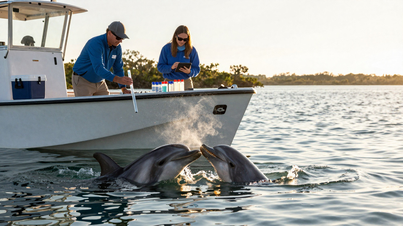 Two dolphins in water near a boat with two people collecting samples and taking notes at sunrise.