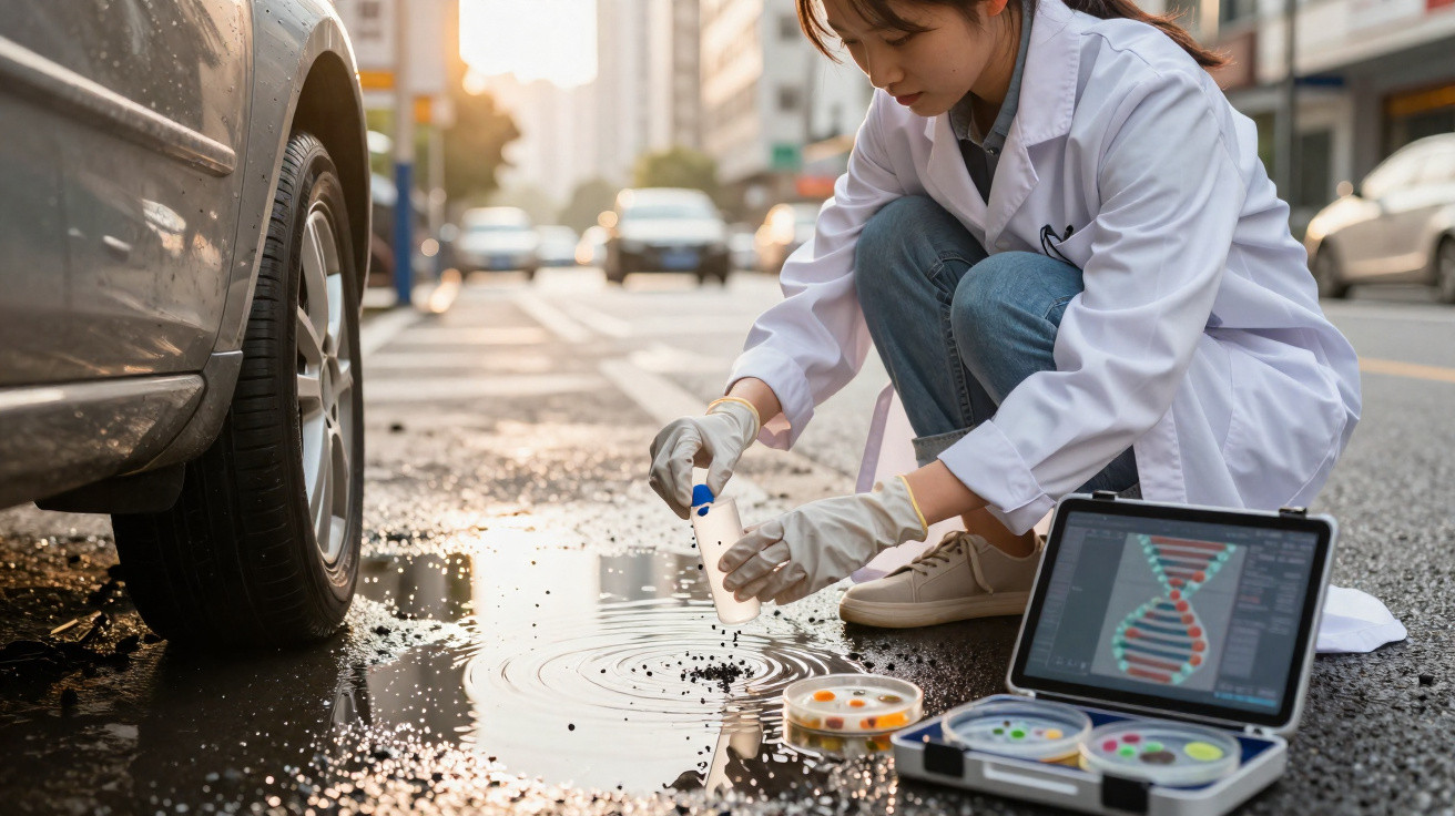 Scientist collecting water sample from a roadside puddle with DNA analysis equipment nearby.