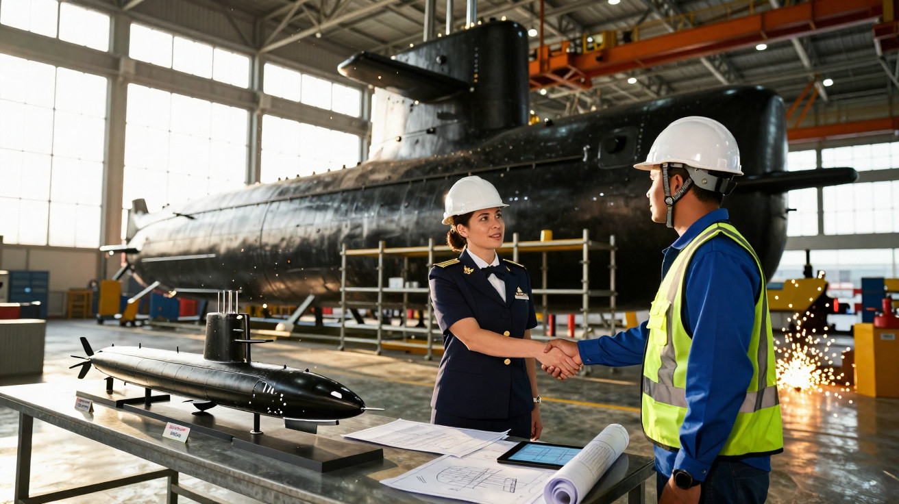 Two engineers in helmets shaking hands in a submarine assembly facility with submarine model and blueprints on table.