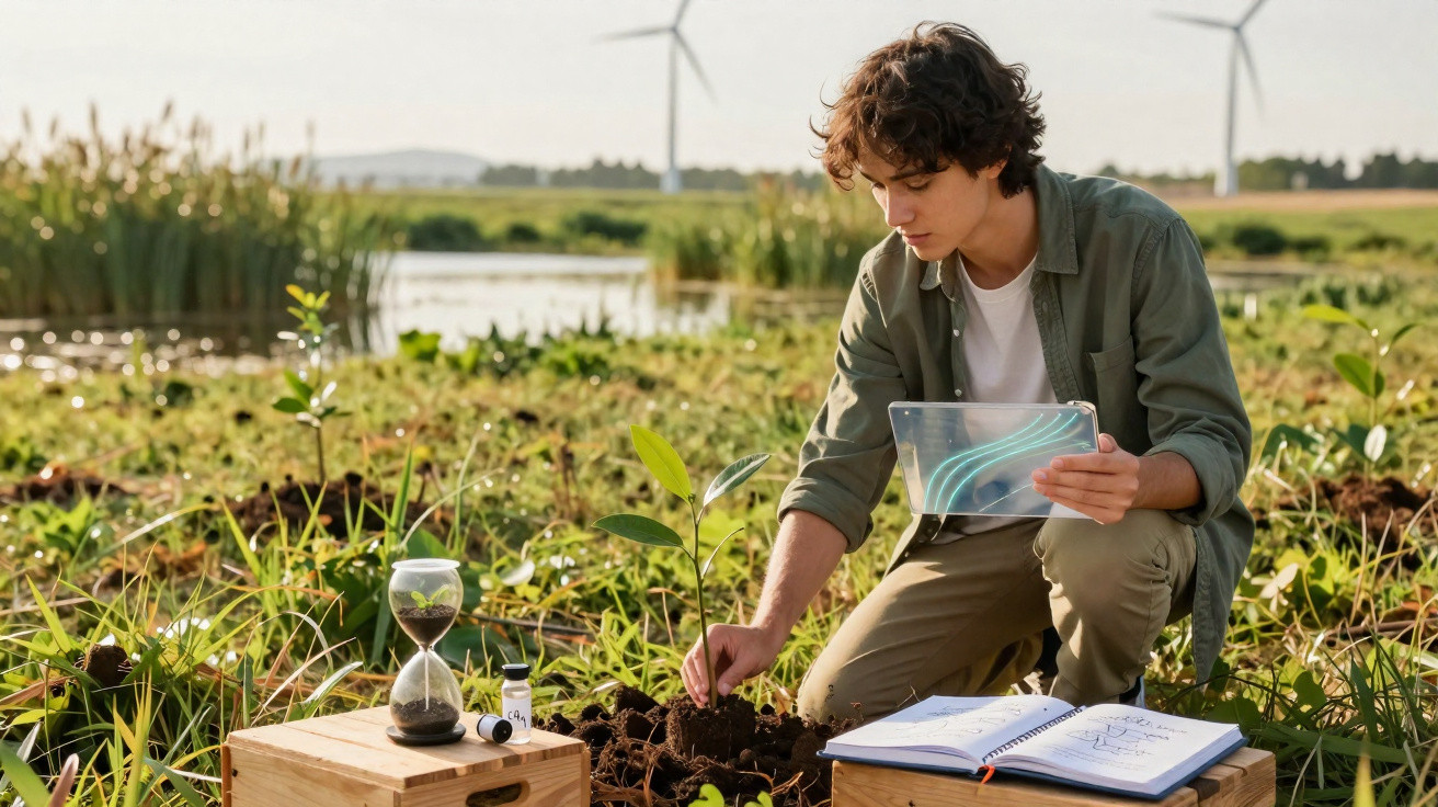 Young man examining soil with digital tablet and notebook in a green field with wind turbines in background.