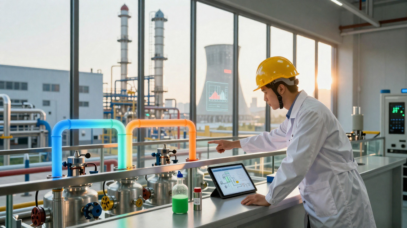 Engineer in hard hat monitoring industrial process with digital interface and colourful pipes in lab setting
