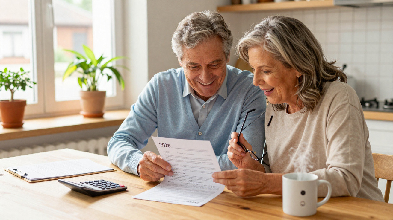 Smiling mature couple sitting at wooden table reviewing document titled 2025 with calculator and mug nearby