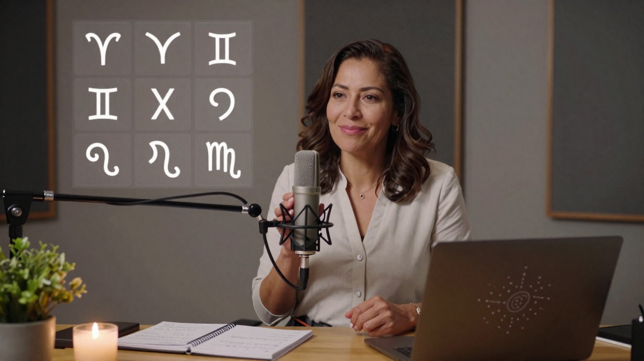 Woman speaking into a microphone with zodiac symbols projected beside her in a cozy, softly lit room.