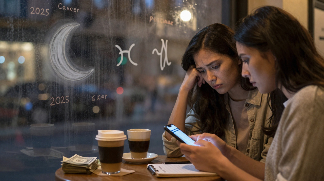 Two women concentrating on a smartphone at a café table with coffee and astrology symbols on the window.