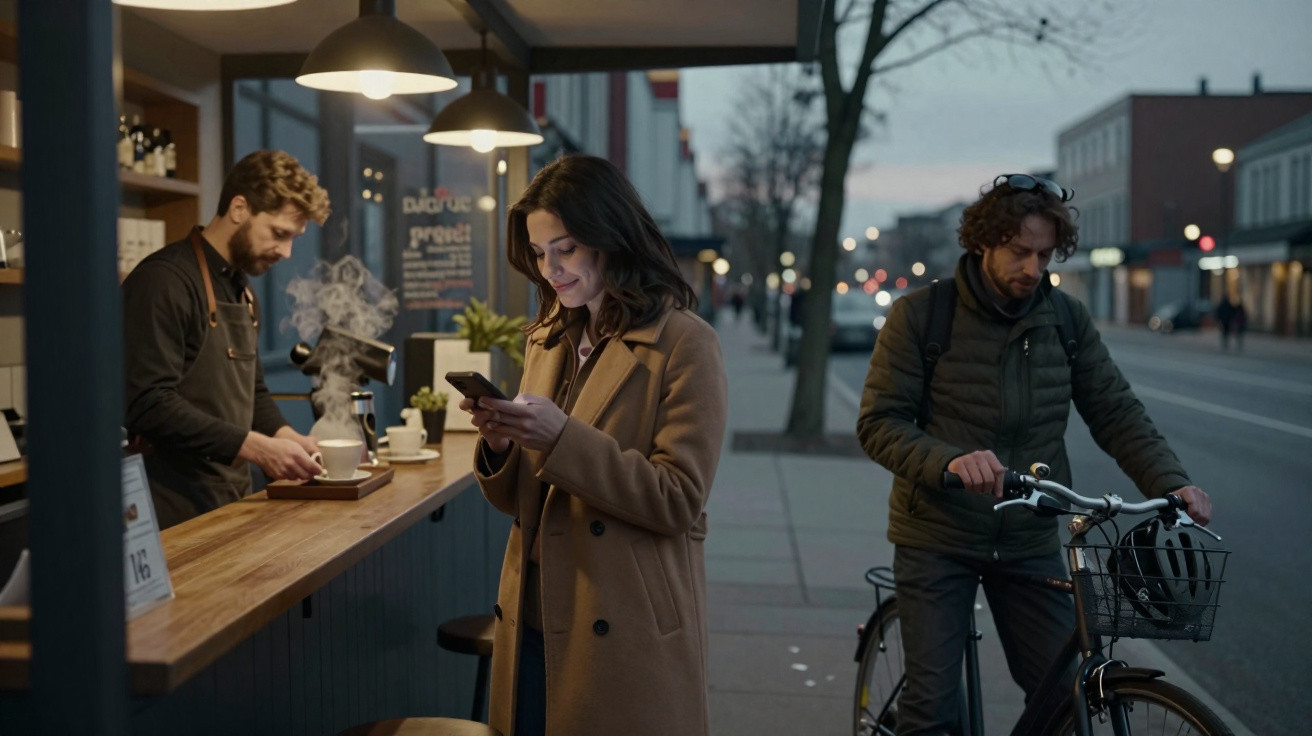 Woman in coat using phone outside coffee stand as barista prepares drinks and cyclist waits with bike at dusk
