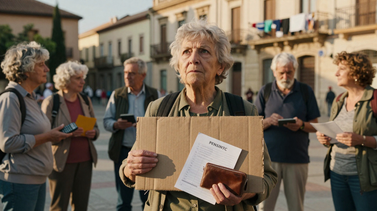 Elderly woman holding a cardboard sign and pension document, surrounded by concerned seniors outdoors.