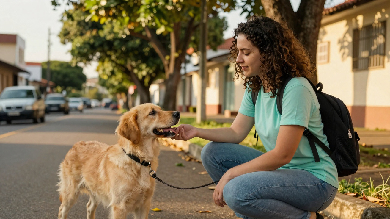A woman with curly hair pets a golden retriever on a tree-lined urban street in daylight.
