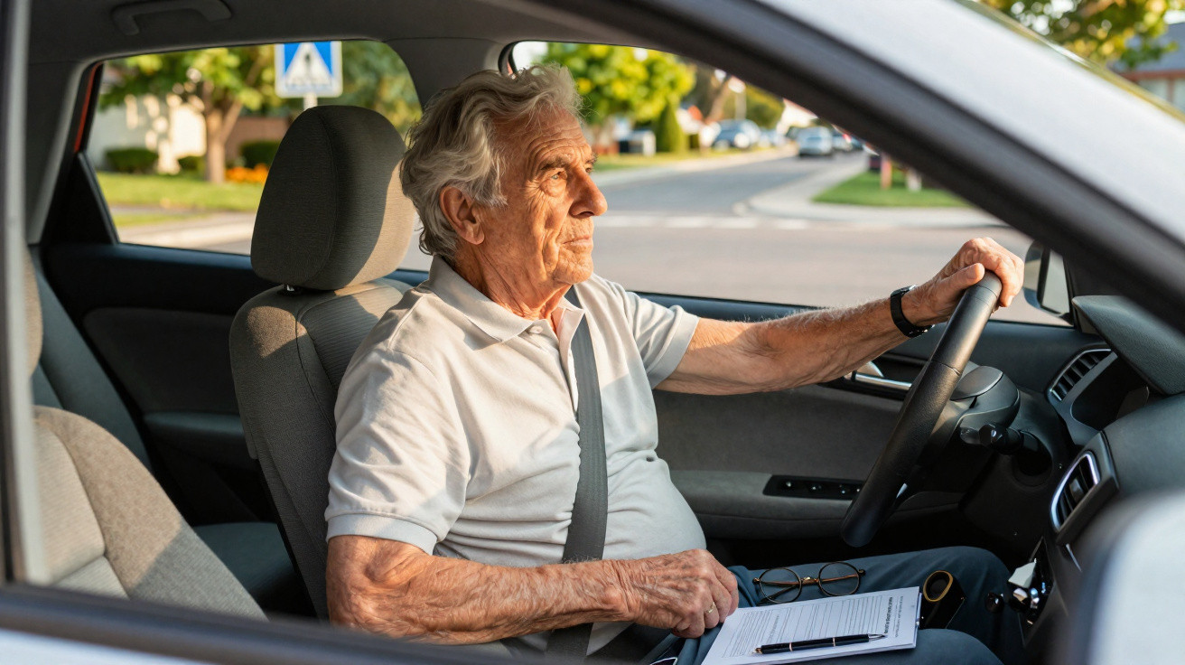 Elderly man seated in the driver’s seat of a car, holding the steering wheel with paperwork on his lap.