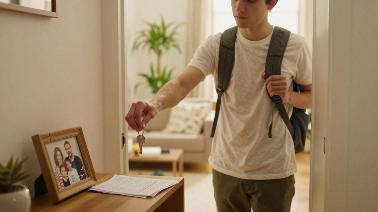 Young man with backpack holding a key while standing near a table with family photo and documents.
