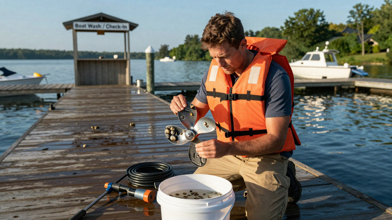 Man in a life jacket cleaning a boat propeller on a wooden dock beside a lake on a sunny day