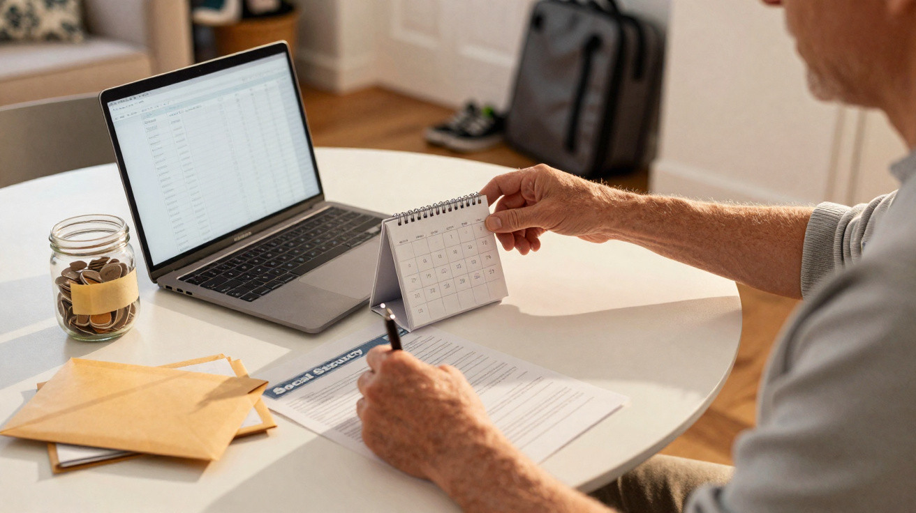 Elderly person checking a desk calendar while filling out a Social Security form by a laptop.
