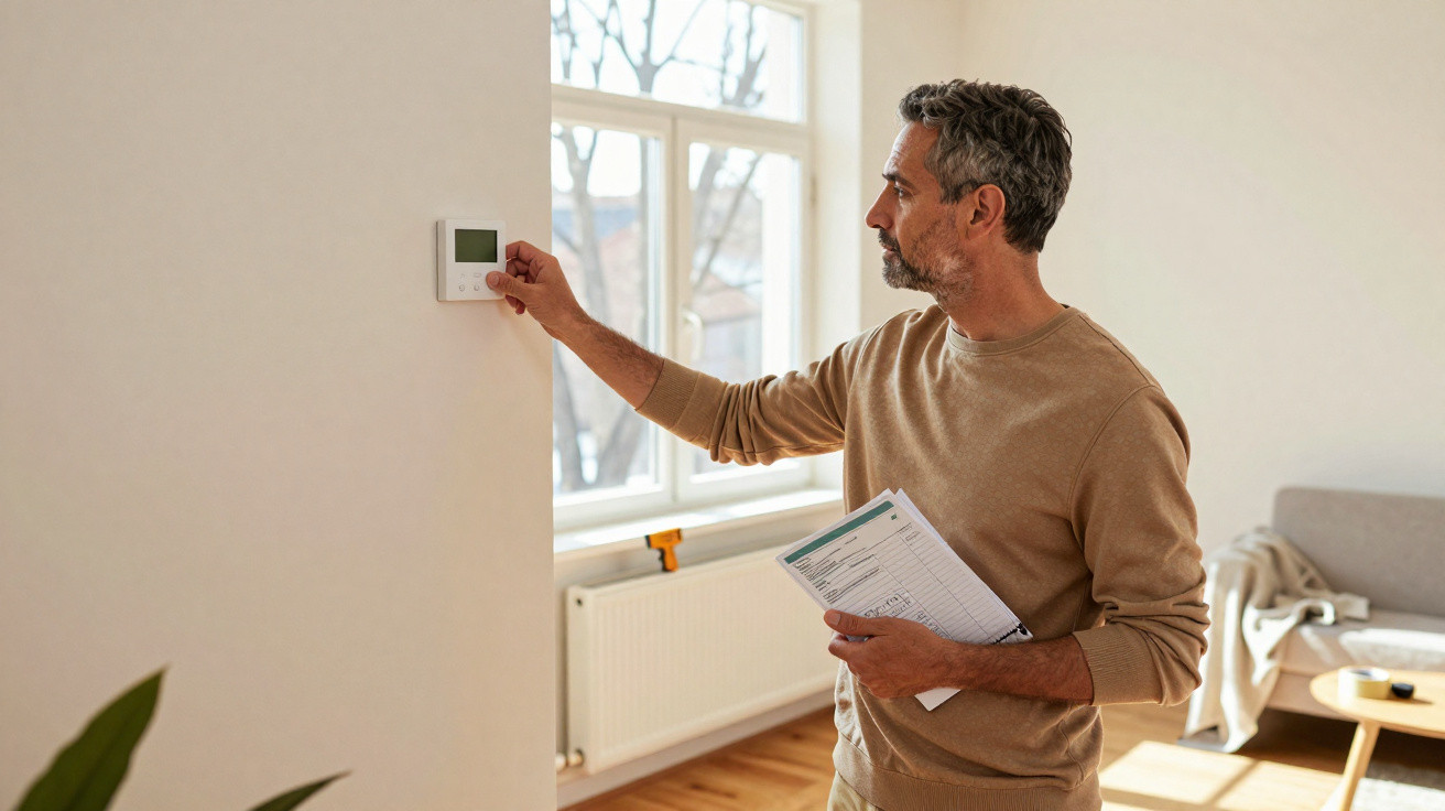 Man adjusting a thermostat on a wall while holding papers in a bright living room with a window and sofa.